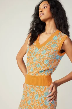 Current Air Knitwear | Sleeveless Tops-Floral Sweater Vest ORANGEMLT