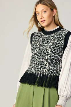 Current Air Sweaters-Floral Tassel Sweater Vest BLACK