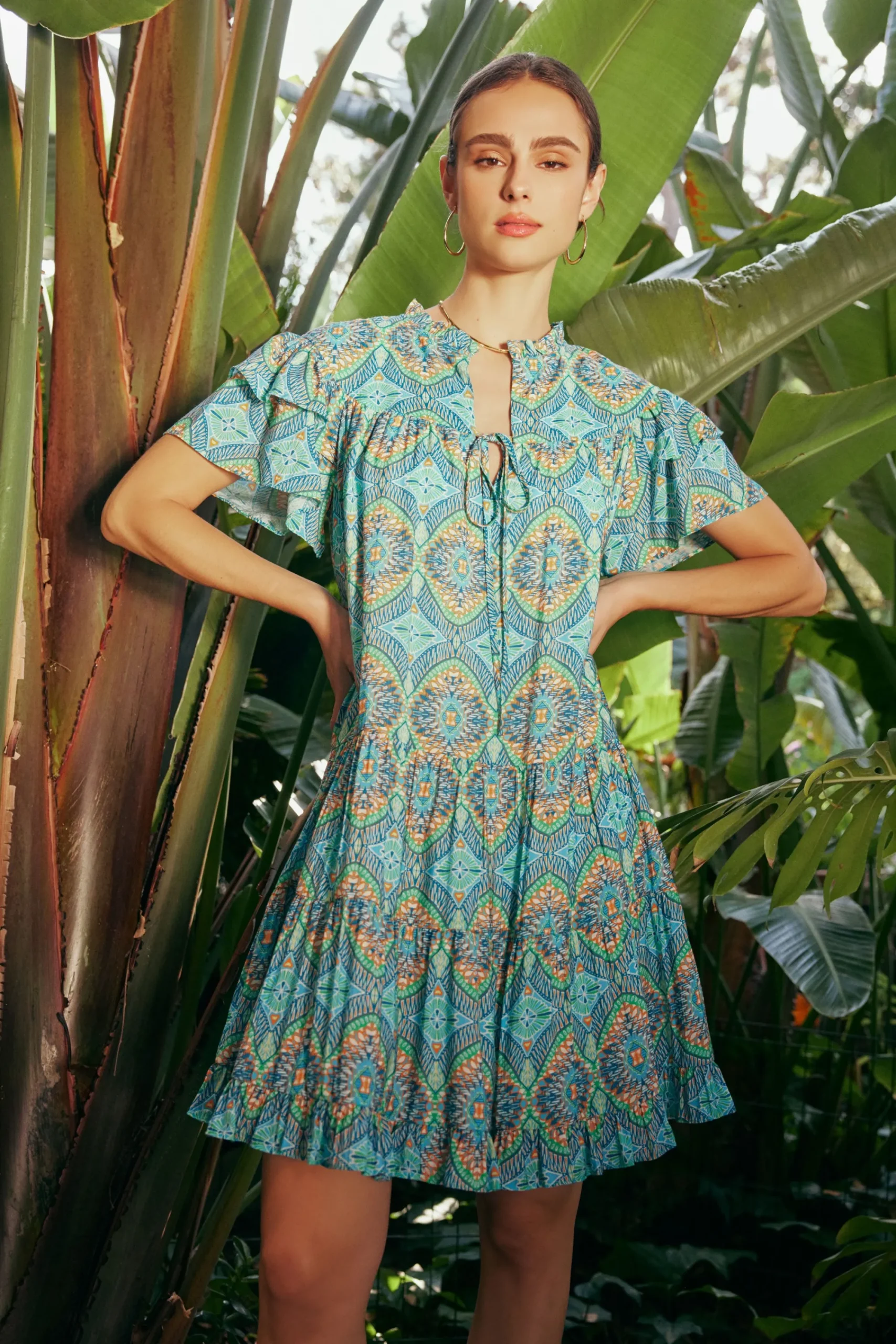 Current Air Mini Dresses-Flutter Sleeve Geo Print Dress BLUE