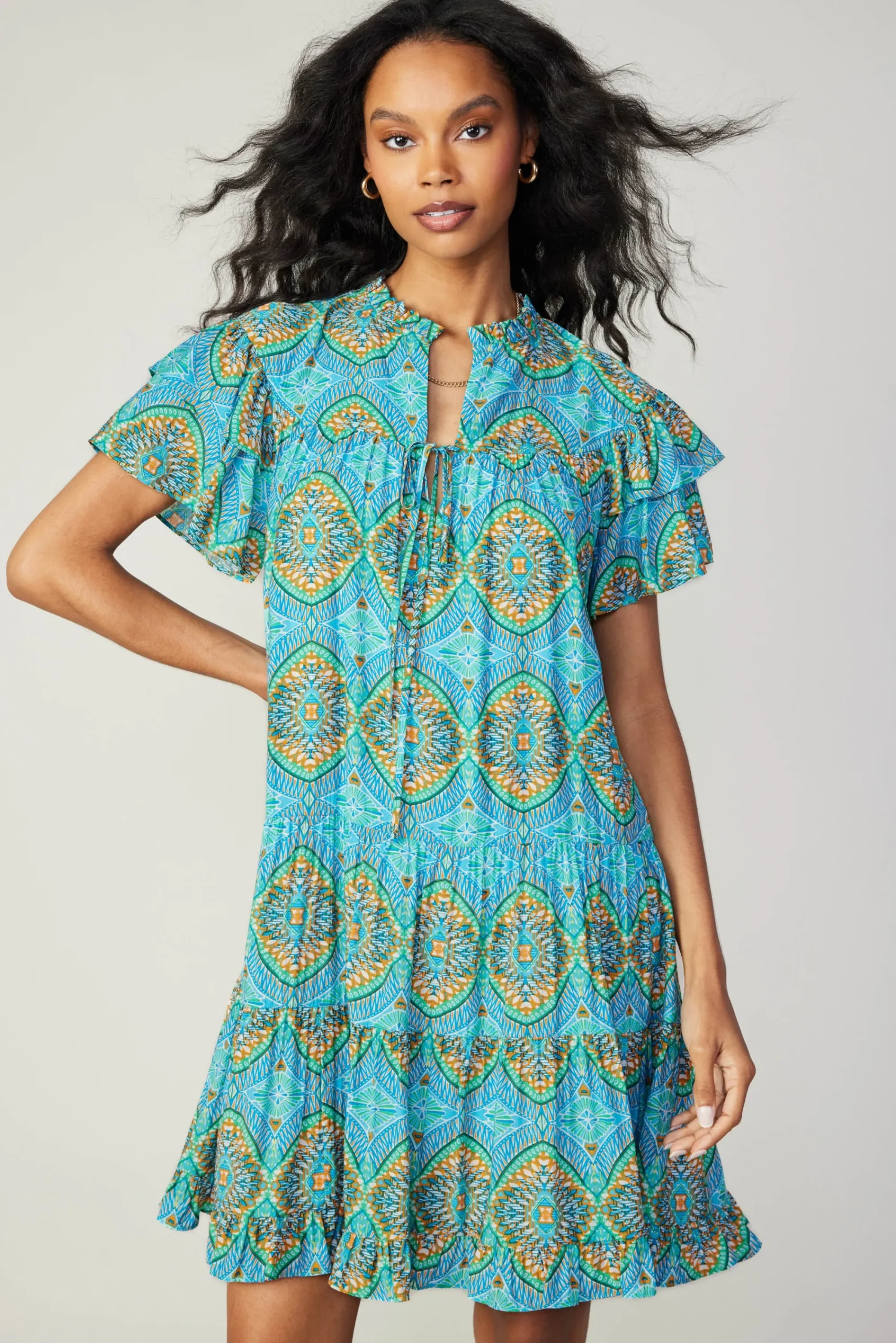 Current Air Mini Dresses-Flutter Sleeve Geo Print Dress BLUE