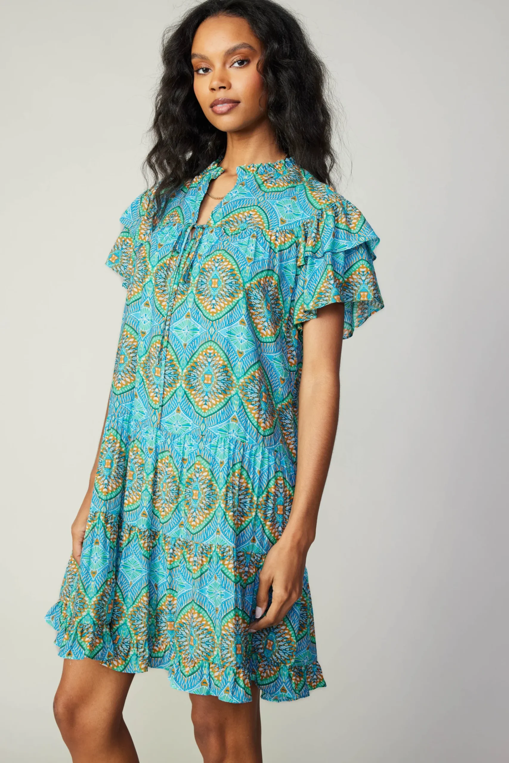 Current Air Mini Dresses-Flutter Sleeve Geo Print Dress BLUE