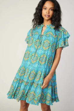 Current Air Mini Dresses-Flutter Sleeve Geo Print Dress BLUE