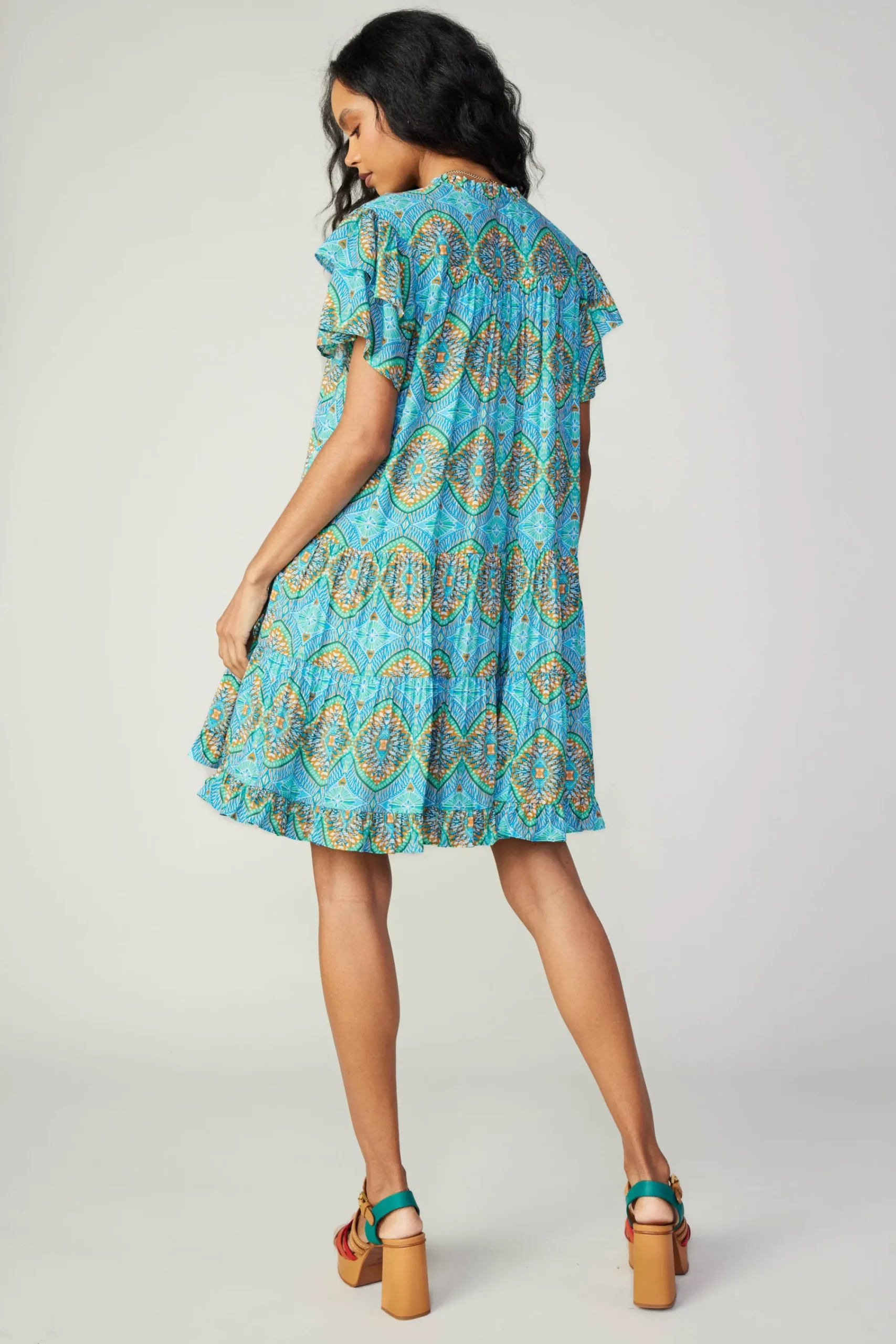 Current Air Mini Dresses-Flutter Sleeve Geo Print Dress BLUE