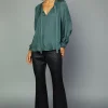 Current Air Long Sleeve Tops-Gathered Bow Tie Blouse FORESTGREEN