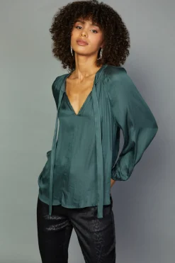 Current Air Long Sleeve Tops-Gathered Bow Tie Blouse FORESTGREEN