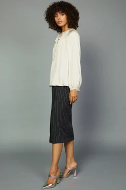 Current Air Long Sleeve Tops-Gathered Bow Tie Blouse CREAM