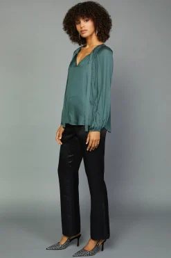 Current Air Long Sleeve Tops-Gathered Bow Tie Blouse FORESTGREEN