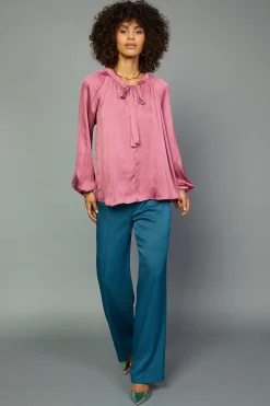 Current Air Long Sleeve Tops-Gathered Bow Tie Blouse MULBERRY