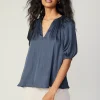 Current Air Short Sleeve Tops-Gathered Neckline Blouse SLATENAVY