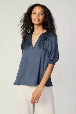 Current Air Short Sleeve Tops-Gathered Neckline Blouse SLATENAVY