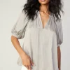 Current Air Short Sleeve Tops-Gathered Neckline Blouse STONEGREY