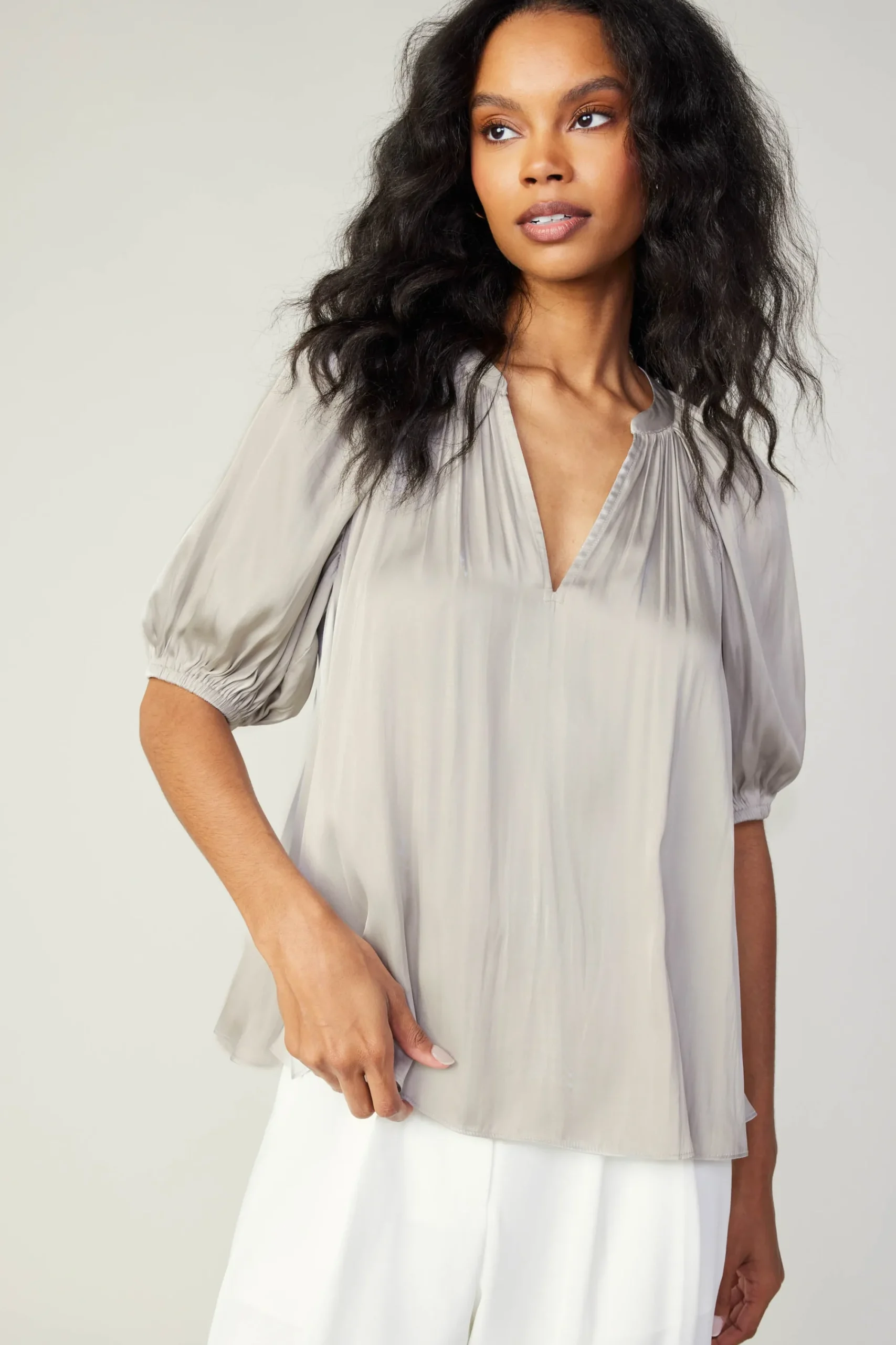 Current Air Short Sleeve Tops-Gathered Neckline Blouse STONEGREY
