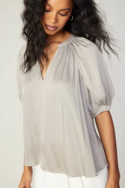 Current Air Short Sleeve Tops-Gathered Neckline Blouse STONEGREY