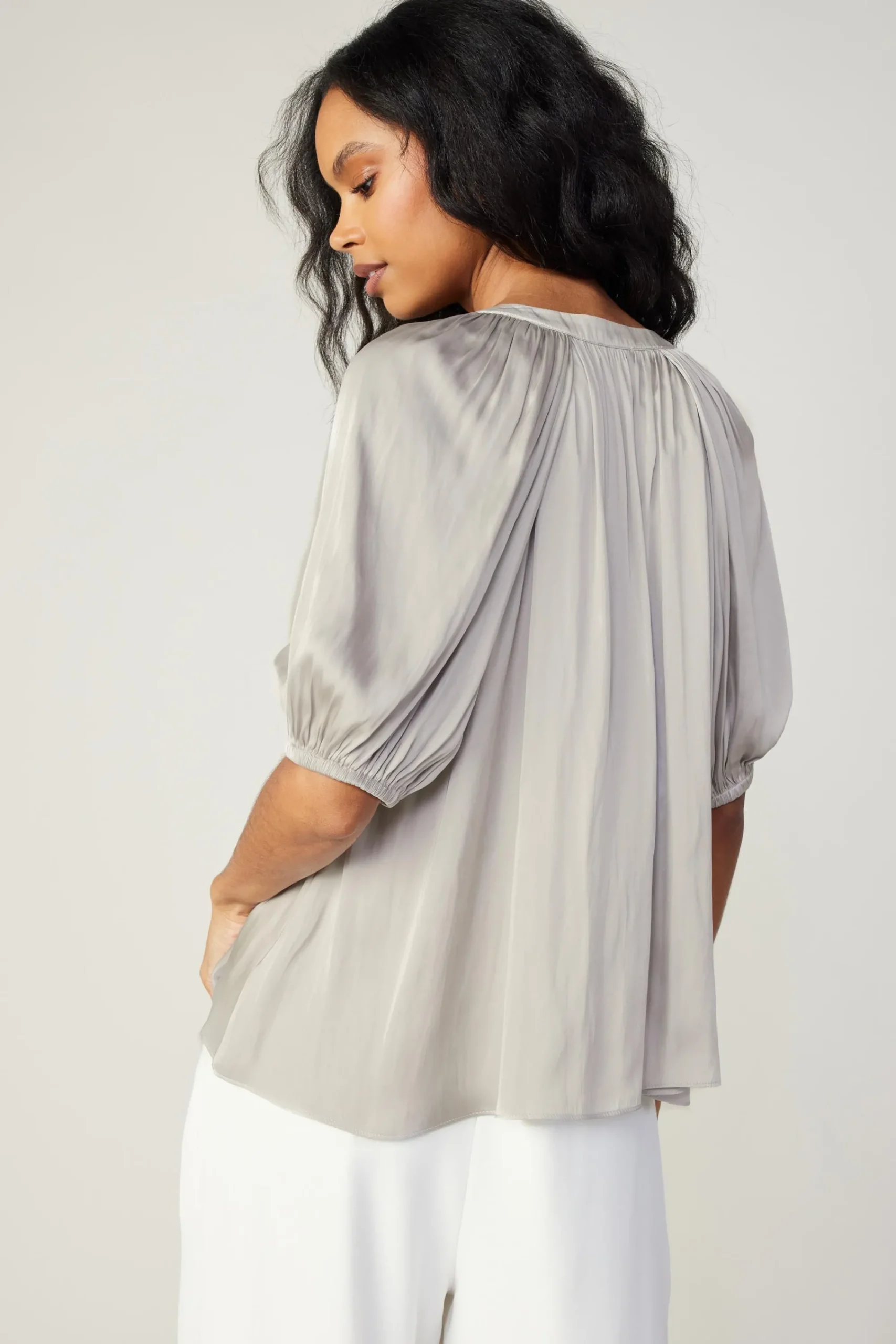 Current Air Short Sleeve Tops-Gathered Neckline Blouse STONEGREY