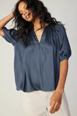 Current Air Short Sleeve Tops-Gathered Neckline Blouse SLATENAVY