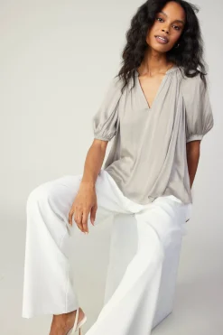 Current Air Short Sleeve Tops-Gathered Neckline Blouse STONEGREY