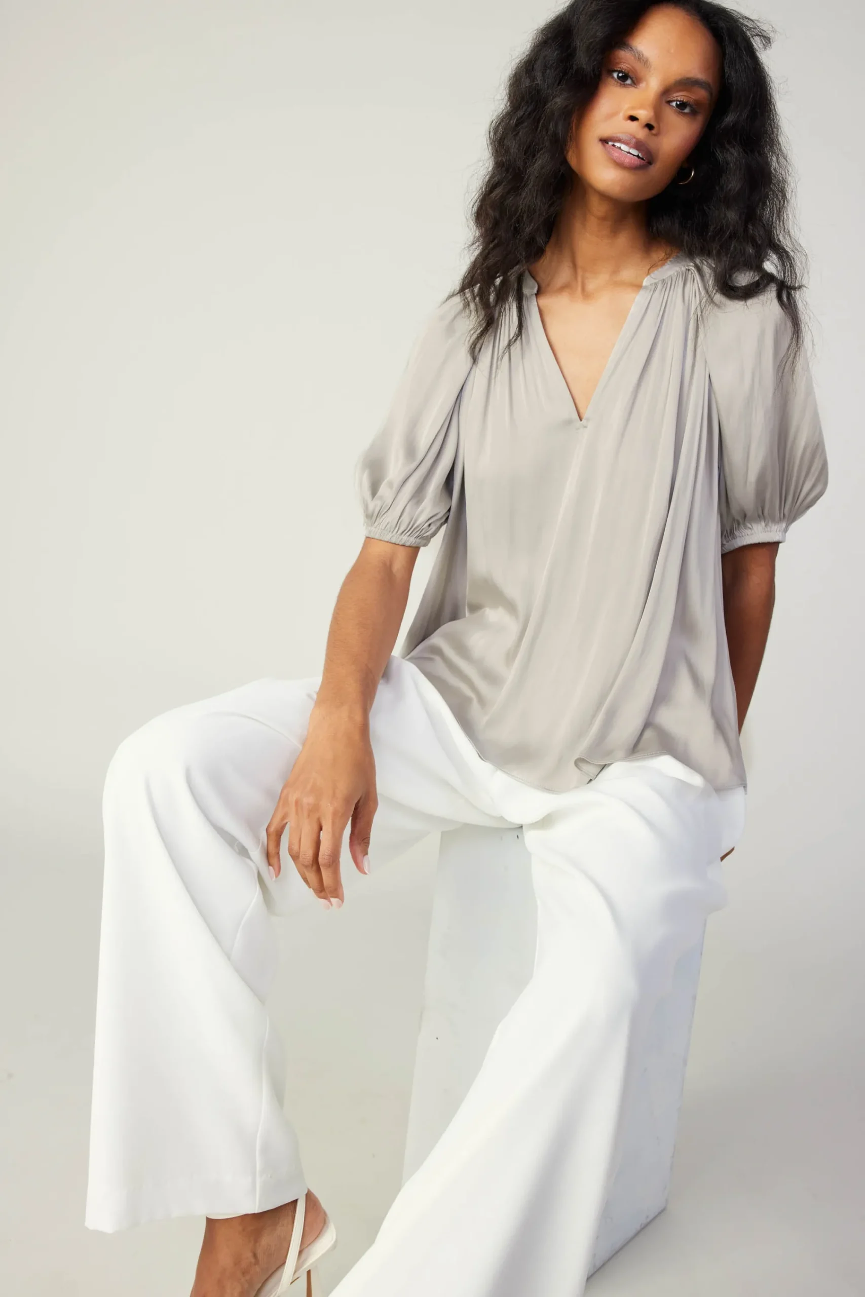 Current Air Short Sleeve Tops-Gathered Neckline Blouse STONEGREY