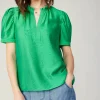 Current Air Short Sleeve Tops-Gathered Sleeve Blouse GREEN