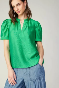 Current Air Short Sleeve Tops-Gathered Sleeve Blouse GREEN