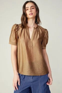 Current Air Short Sleeve Tops-Gathered Sleeve Blouse LATTE