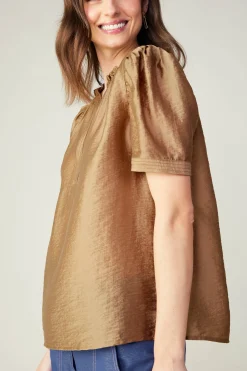 Current Air Short Sleeve Tops-Gathered Sleeve Blouse LATTE