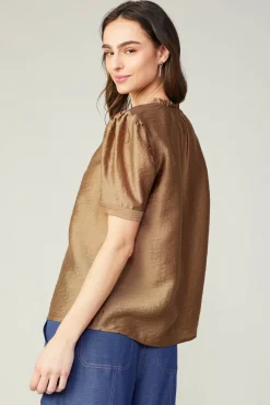 Current Air Short Sleeve Tops-Gathered Sleeve Blouse LATTE