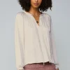 Current Air Long Sleeve Tops-Gathered Split Neck Blouse LIGHTTAUPE