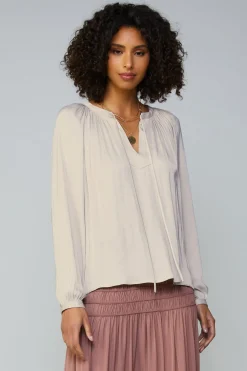 Current Air Long Sleeve Tops-Gathered Split Neck Blouse LIGHTTAUPE