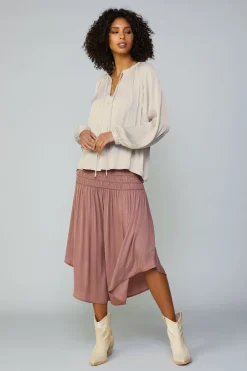 Current Air Long Sleeve Tops-Gathered Split Neck Blouse LIGHTTAUPE