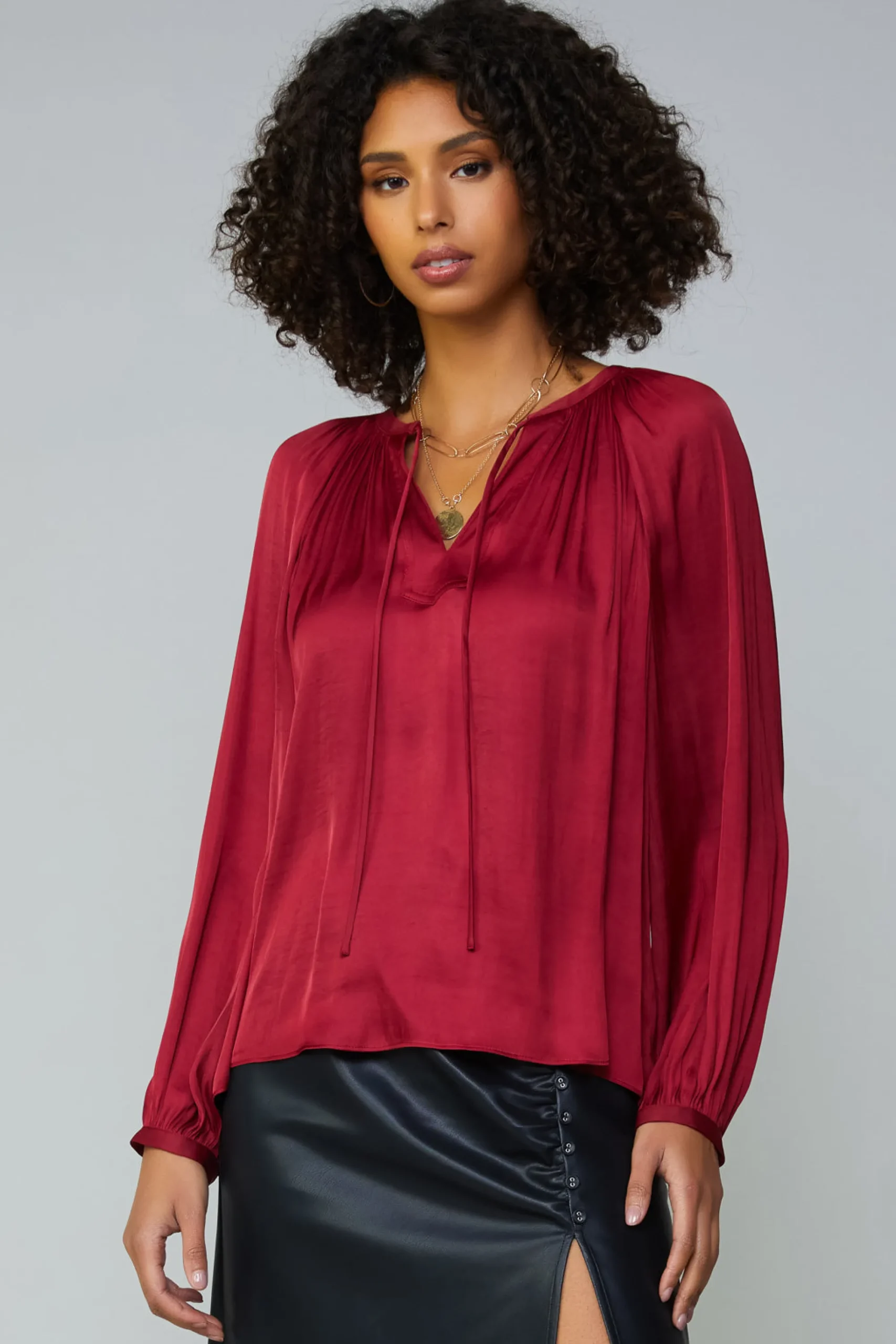 Current Air Long Sleeve Tops-Gathered Splitneck Blouse RUBY