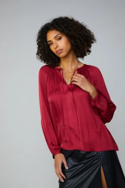 Current Air Long Sleeve Tops-Gathered Splitneck Blouse RUBY