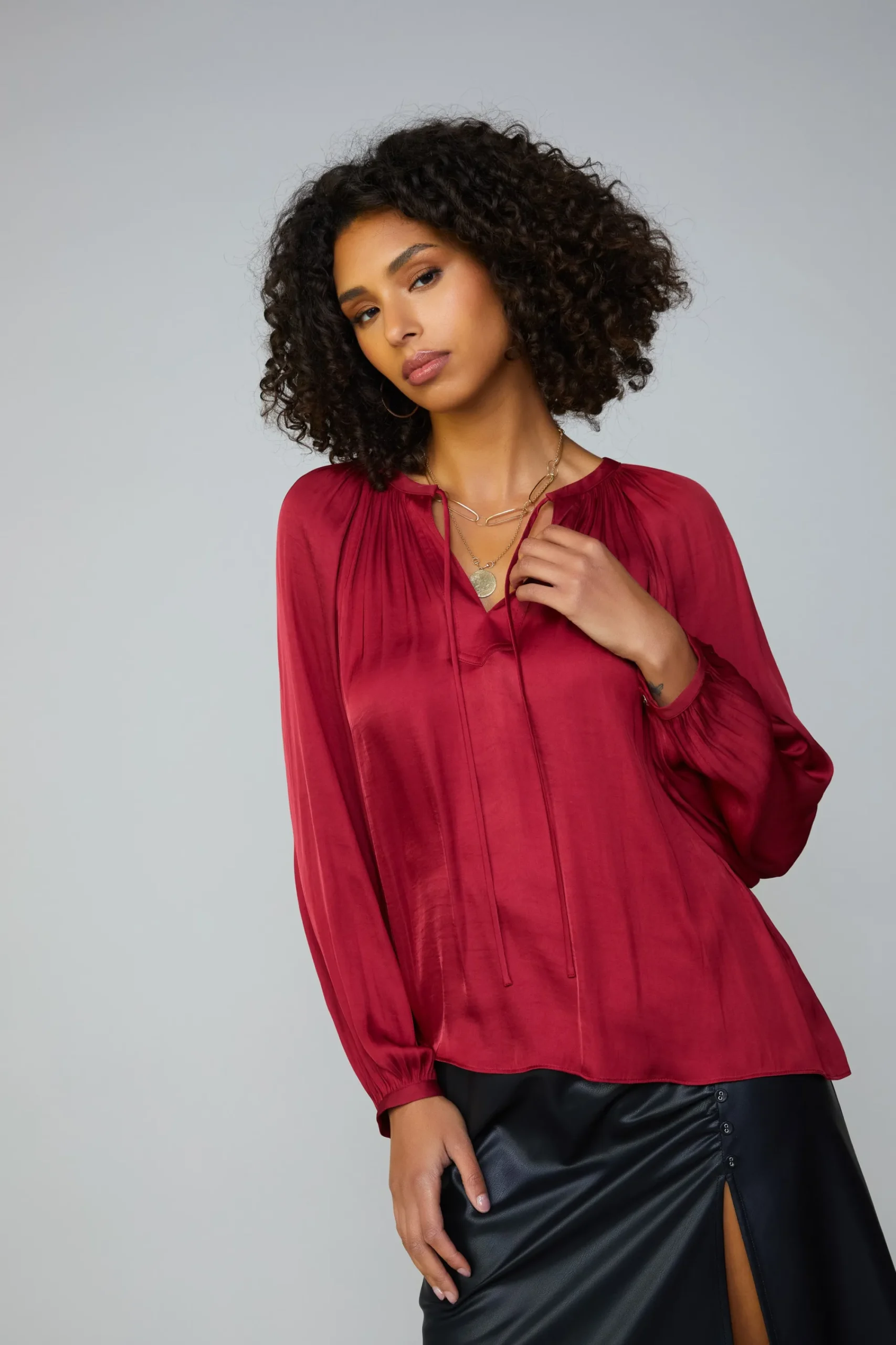 Current Air Long Sleeve Tops-Gathered Splitneck Blouse RUBY
