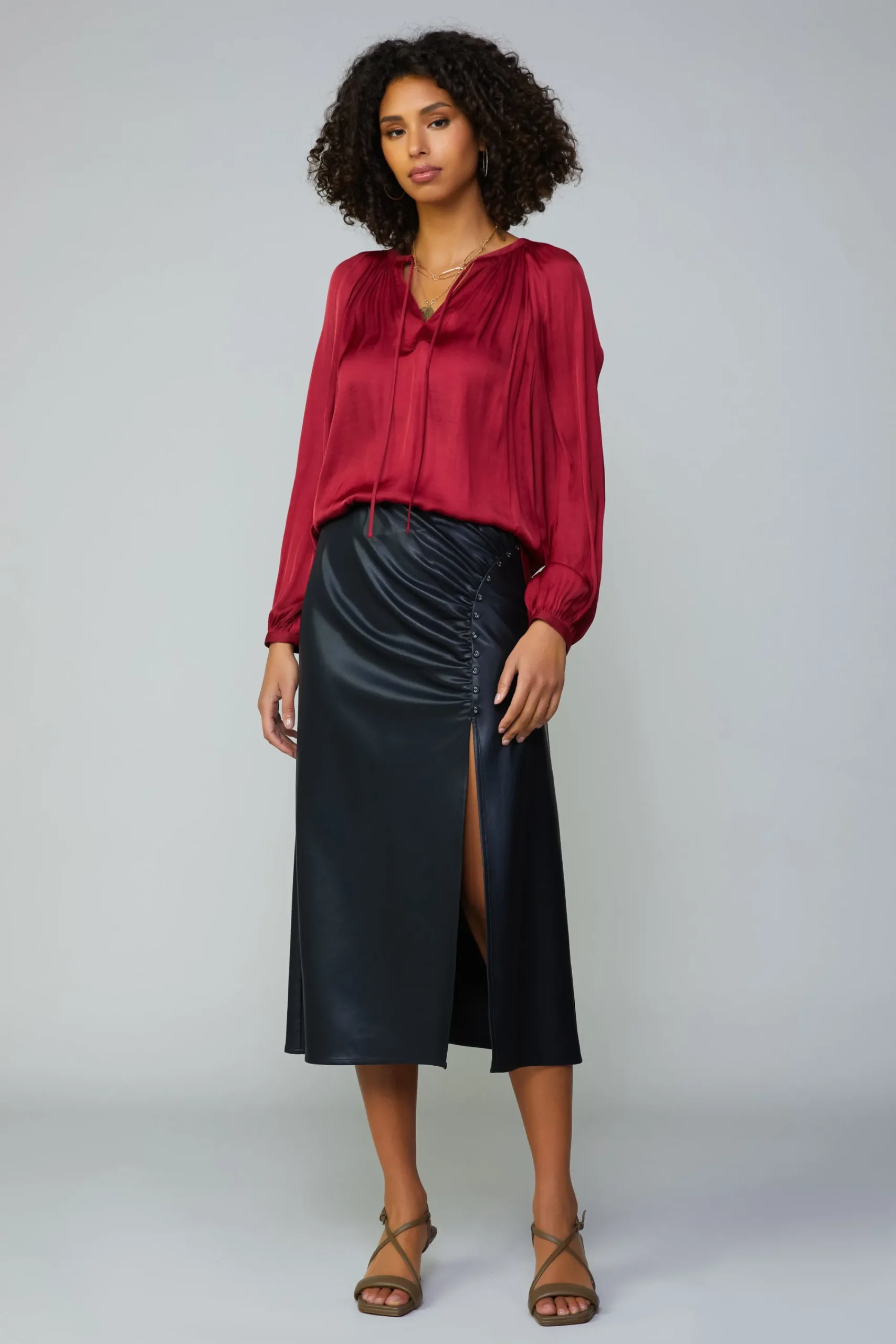 Current Air Long Sleeve Tops-Gathered Splitneck Blouse RUBY