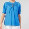 Current Air Short Sleeve Tops-Gathered Yoke Blouse FADEDBLUE