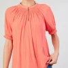 Current Air Short Sleeve Tops-Gathered Yoke Blouse CORAL