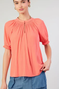 Current Air Short Sleeve Tops-Gathered Yoke Blouse CORAL