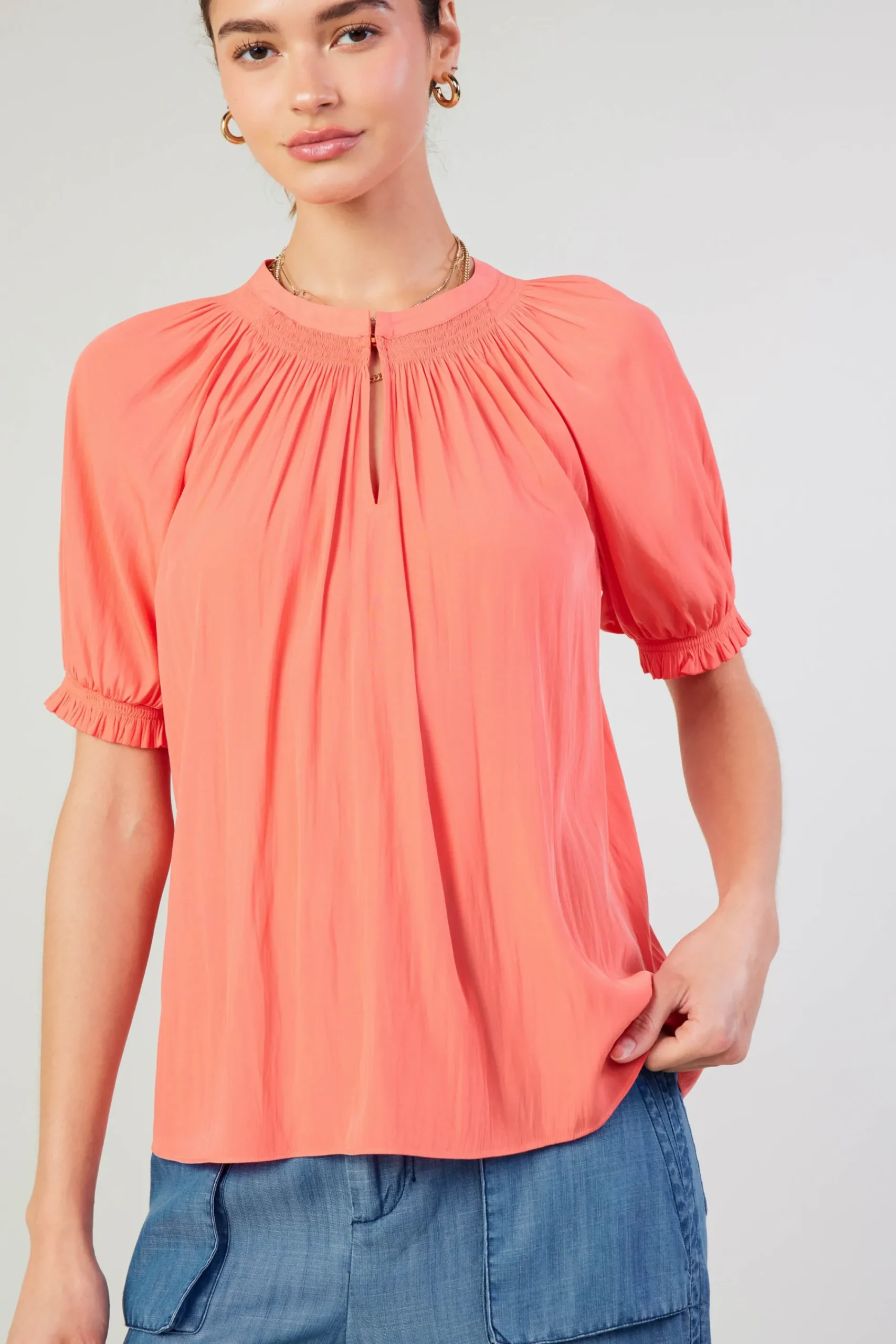 Current Air Short Sleeve Tops-Gathered Yoke Blouse CORAL