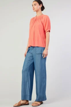 Current Air Short Sleeve Tops-Gathered Yoke Blouse CORAL