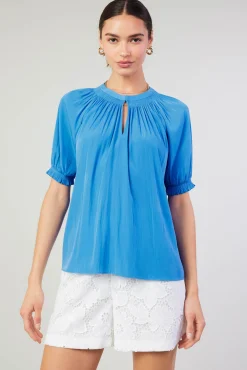 Current Air Short Sleeve Tops-Gathered Yoke Blouse FADEDBLUE