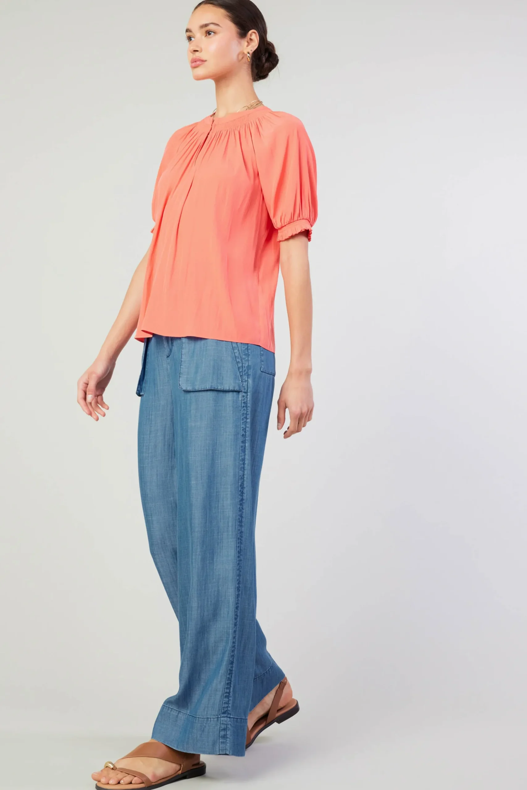 Current Air Short Sleeve Tops-Gathered Yoke Blouse CORAL