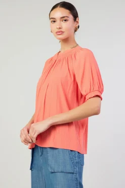 Current Air Short Sleeve Tops-Gathered Yoke Blouse CORAL