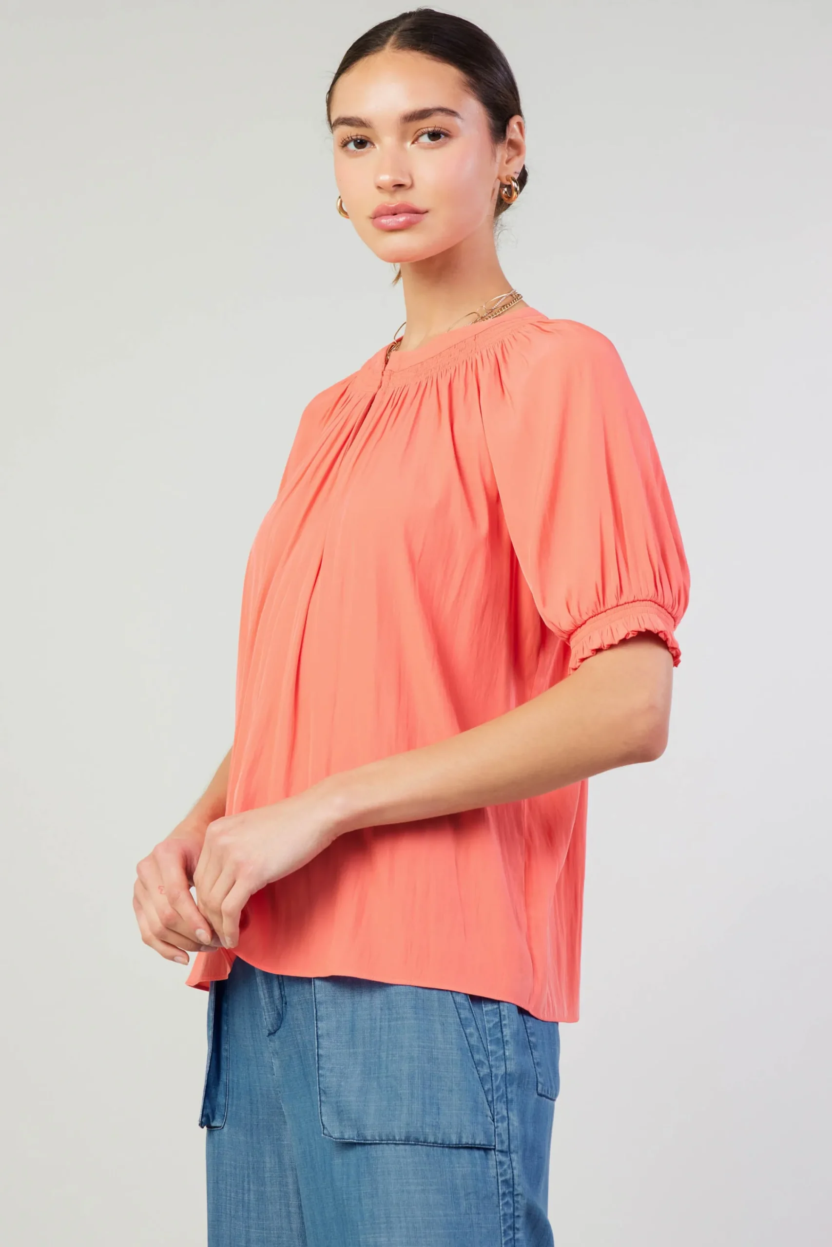 Current Air Short Sleeve Tops-Gathered Yoke Blouse CORAL