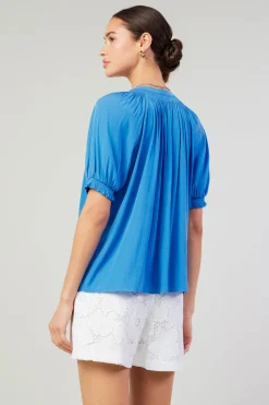 Current Air Short Sleeve Tops-Gathered Yoke Blouse FADEDBLUE