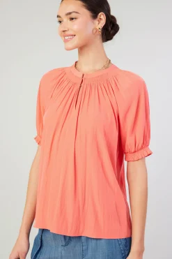 Current Air Short Sleeve Tops-Gathered Yoke Blouse CORAL