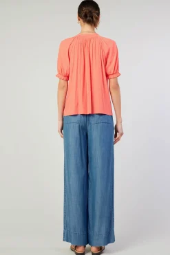 Current Air Short Sleeve Tops-Gathered Yoke Blouse CORAL