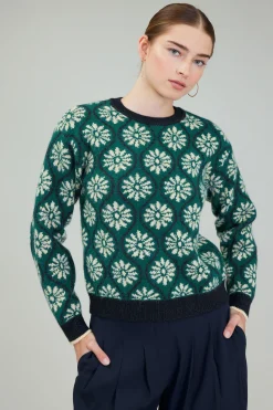 Current Air Knitwear | Long Sleeve Tops-Geo Floral Pullover Sweater GREENMLT