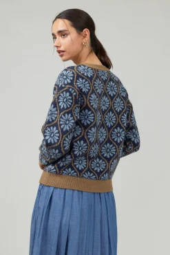 Current Air Knitwear | Long Sleeve Tops-Geo Floral Pullover Sweater BLUEMLT