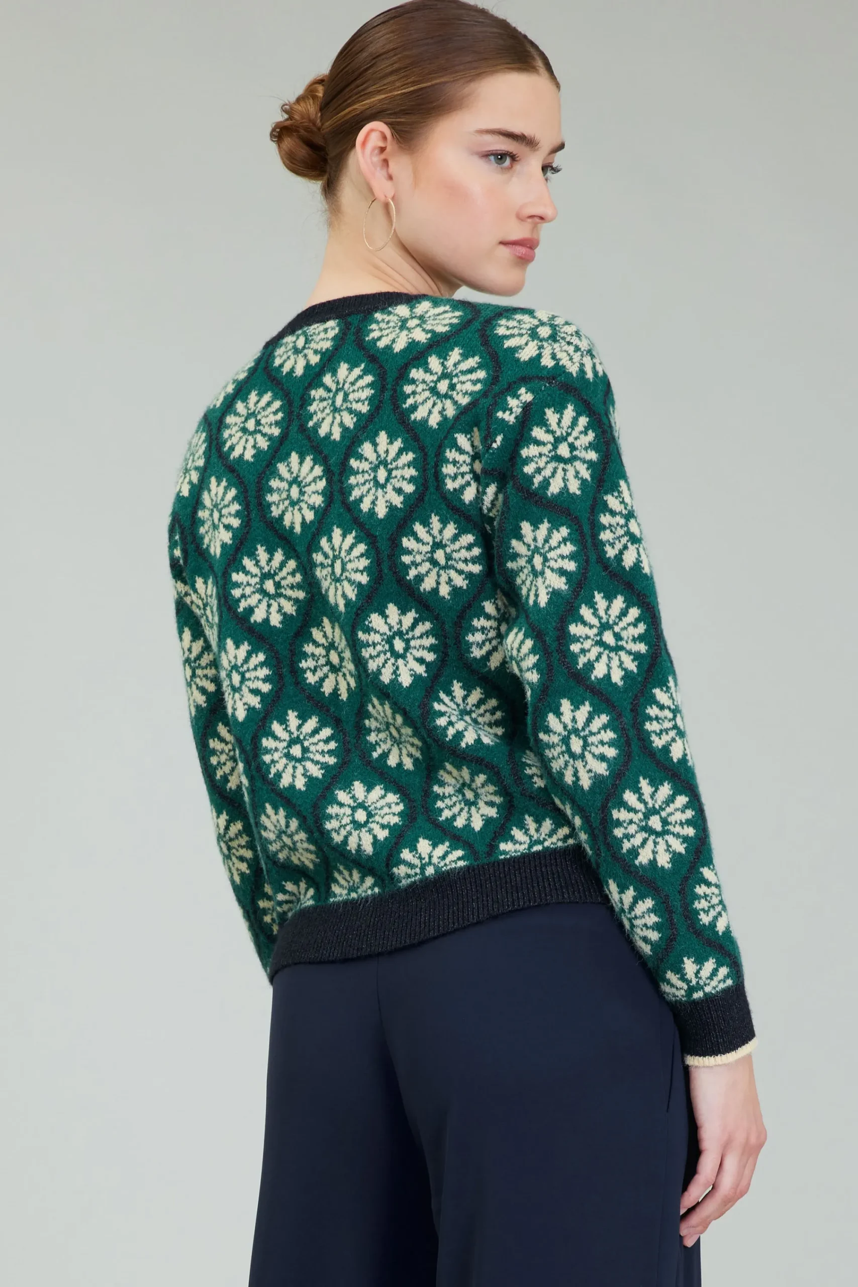 Current Air Knitwear | Long Sleeve Tops-Geo Floral Pullover Sweater GREENMLT