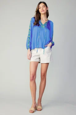 Current Air Long Sleeve Tops-Geometric Patterned Blouse BLUE