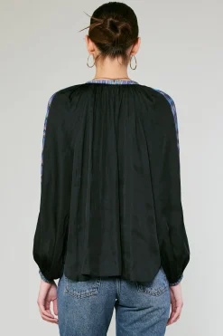 Current Air Long Sleeve Tops-Geometric Patterned Blouse BLACK